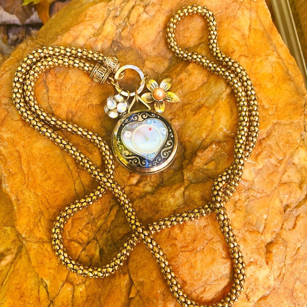 OOAK Hand Painted Blue Sky Heart/Pendant/Floating Crystals 34” Popcorn Necklace
